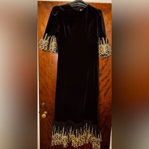 Pomander Place Black Velvet Maxi Dress with Gold Lace Trim